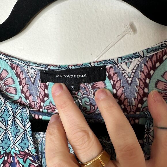 Olivaceous Teal Pink Multi Color Paisley Sleeveless Flowy Mini Tie VFront Small - Picture 8 of 13